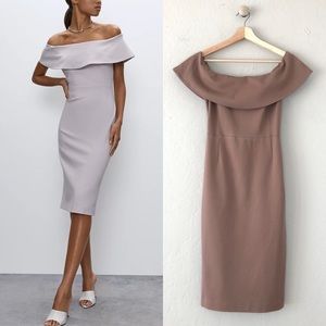 Babaton Ruslan Off-Shoulder Ruffle Jersey Midi Dress in Nutmeg